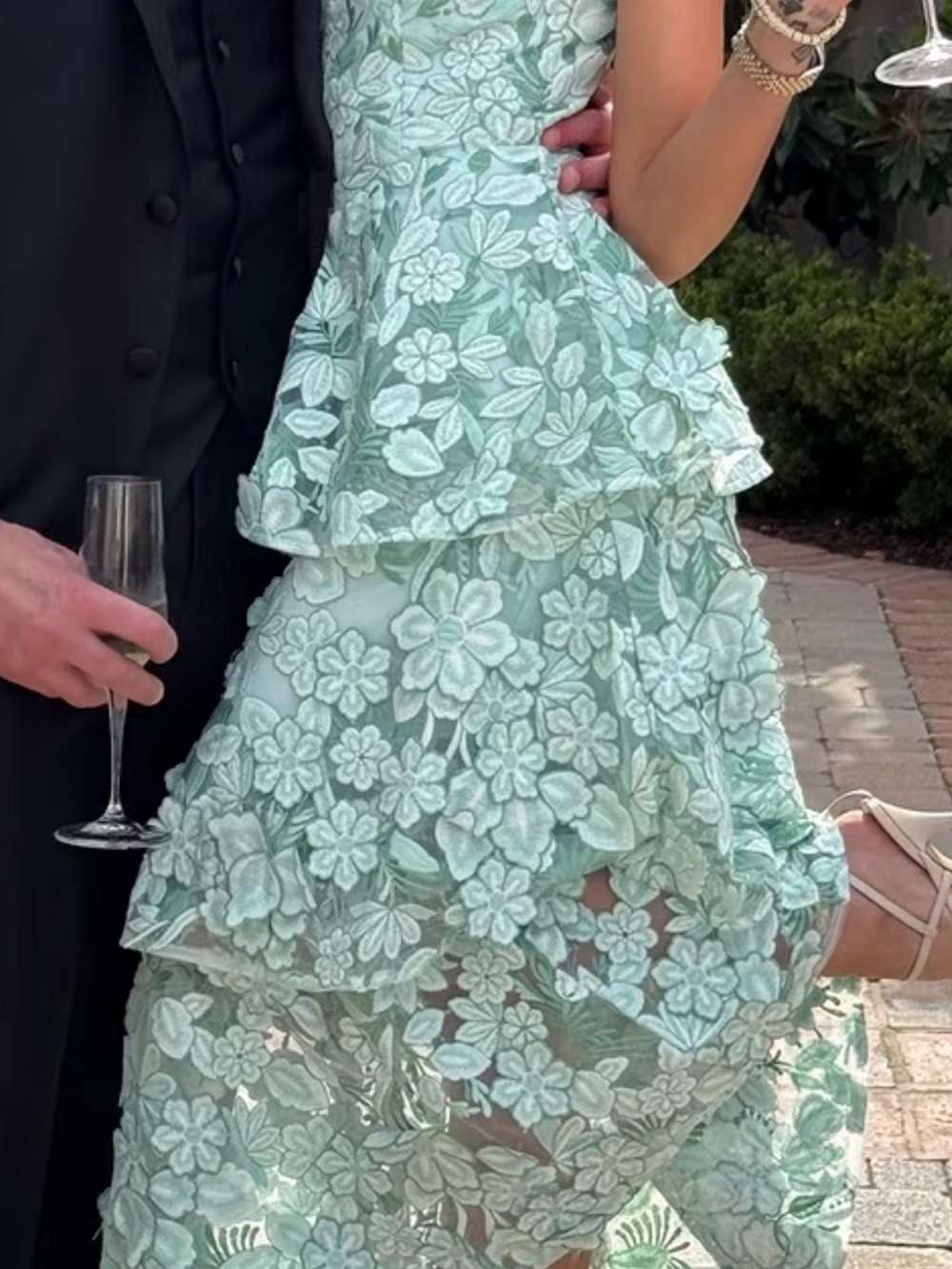 Elliatt Mint Green Floral Lace Tiered Strapless Dress